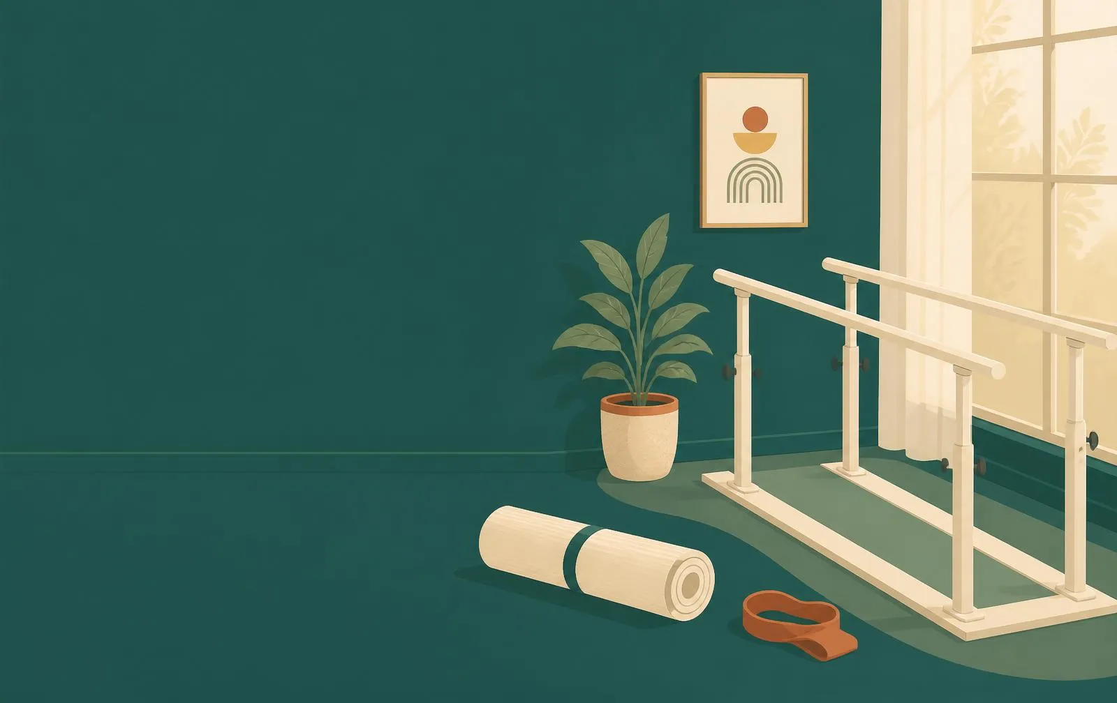 A calm, light-filled physiotherapy space set up for home-based care